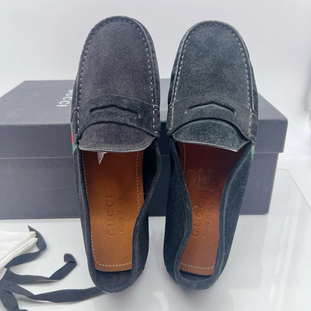 Gucci Web Accent Penny Slip On Loafers Driver Shoe Black Suede Wms UK 6 US 9 - Picture 9 of 15